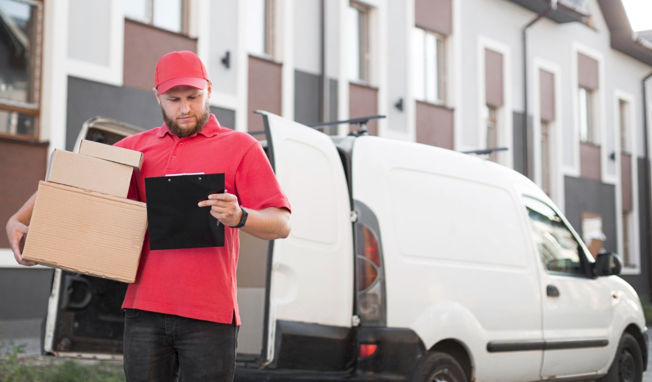 delivery driver standing next to a white van with top of the range van security systems